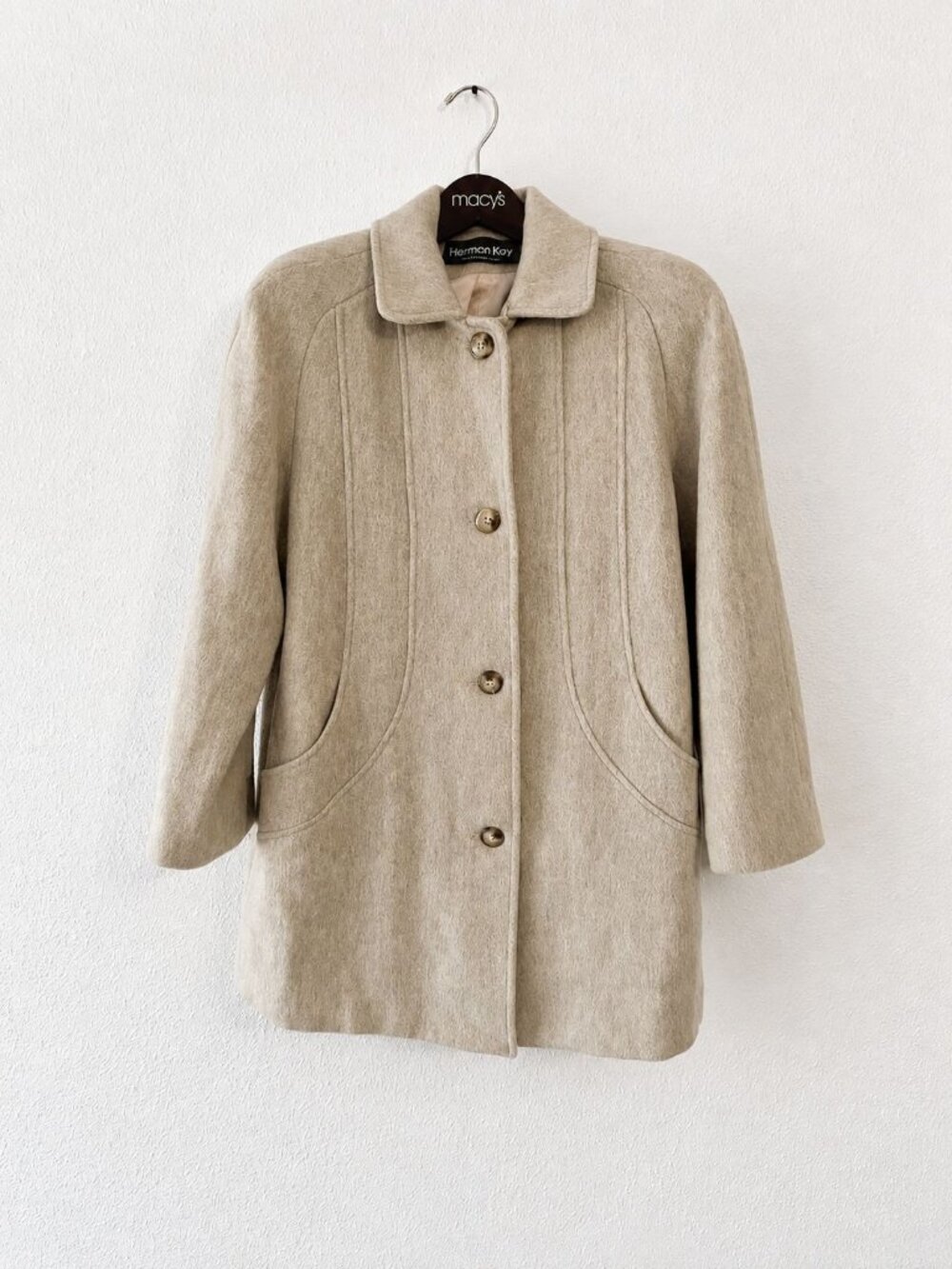 Vintage 80s Herman Kay Minimalist Beige Old Money Preppy Normcore Coat SZ 8